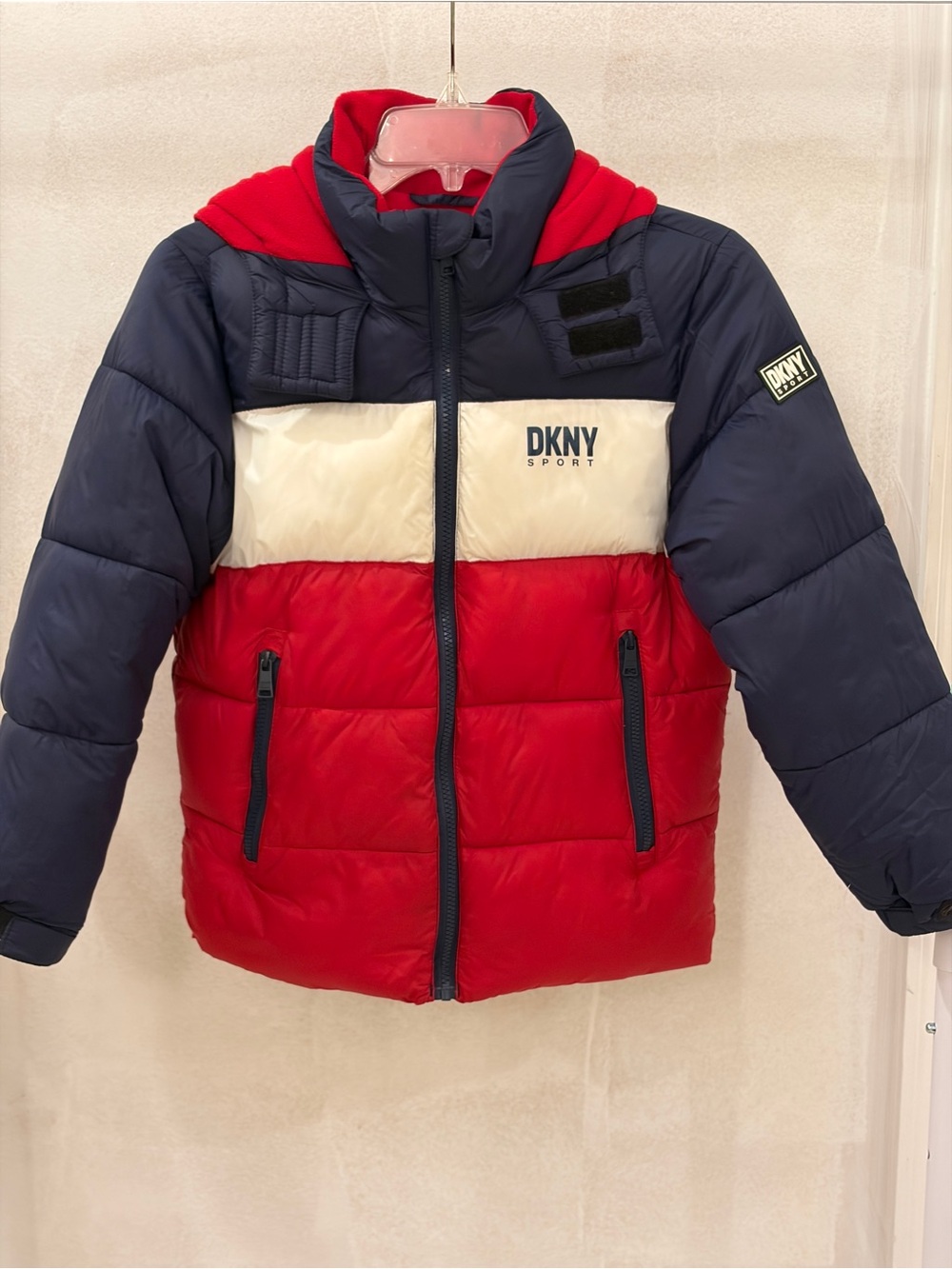 DKNY Sport Boys Size 8 Small Puffer Coat Red Navy Colorblock Winter Jacket